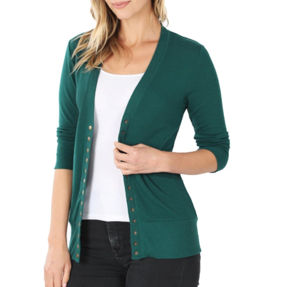 DEEP GREEN 3/4 Sleeve Snap Button Cardigan